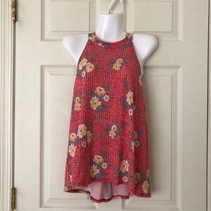 W5 Halter Neck Flowy Ribbed Knit Top Red Floral Print Size XL